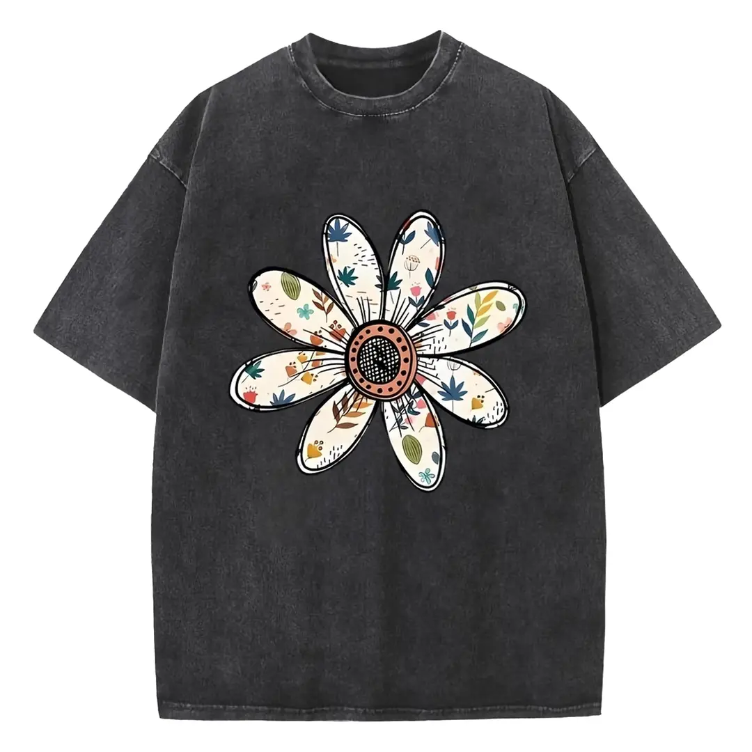 Holafish Women’s Graphic Acid Washed Tee Daisy Print Short Sleeve Drop Shoulder Baggy Fit Soft Comfortable Casual Streetwear Shirt for Daily Wear Travel and Easy Outfits