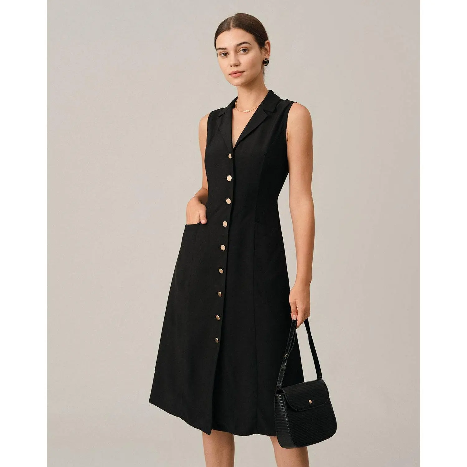 RIHOAS Women's Elegant Solid Polyester Sleeveless High-Waisted Single-Breasted Lapel Collar Midi Work Dress - Stain-Resistant, Business, Dress Casual for Office, Tunic, V-Neck, Office Wear, Mid-Length, Button Front, Cotton, Soft, Fast‑Dry Fabric