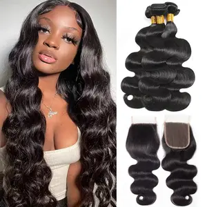 Megeen Hair Body Wave Hair Bundles With Closure Transparent Lace 5x5 Body Wave Human Hair With Lace Closure 12A Grade Bundle Deals
