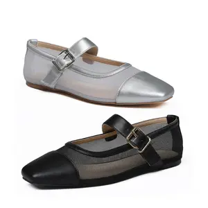 CYNLLIO Mary Jane Shoes Women Square Toe Adjustable Buckle Strap Mesh Ballerina Flats Slip on Prom Casual Party Dancing Shoes