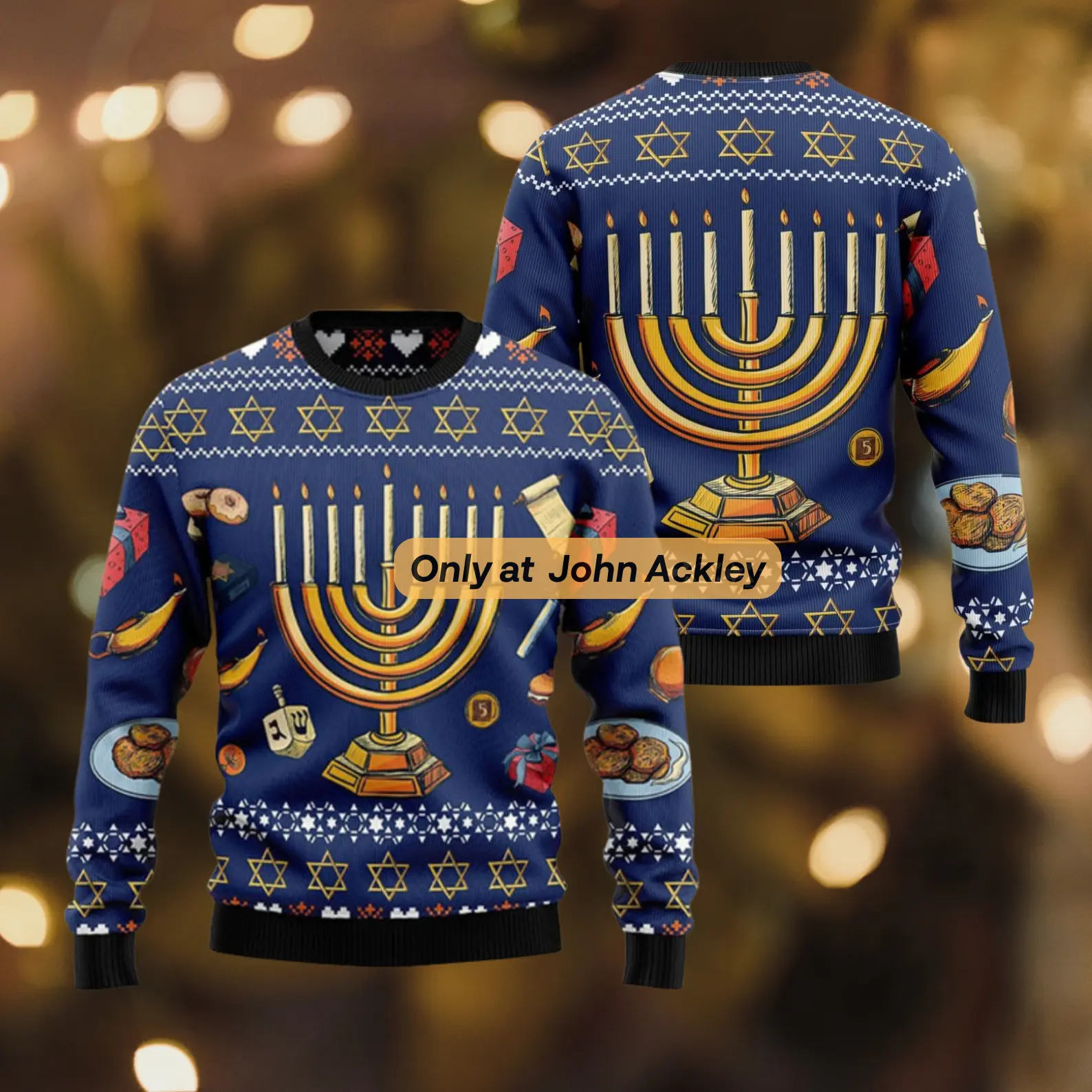 Hanukkah Menorah Ugly Sweatshirt for Men Women, Jewish Holiday Sweater, Dreidel and Star of David Ugly Sweater, Festival of Lights Gift