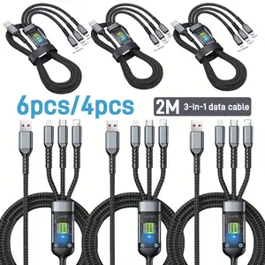 6pcs/ 4pcs 6.6ft USB Cable, Nylon Braided Durable Fast Charging Cord, 100W LED 3 In 1 Digital Display USB charging cable with Type-C, Micro USB, IP Port, For Iphone Samsung Huawei Xiaomi Multi Port Multiple Charging Wire