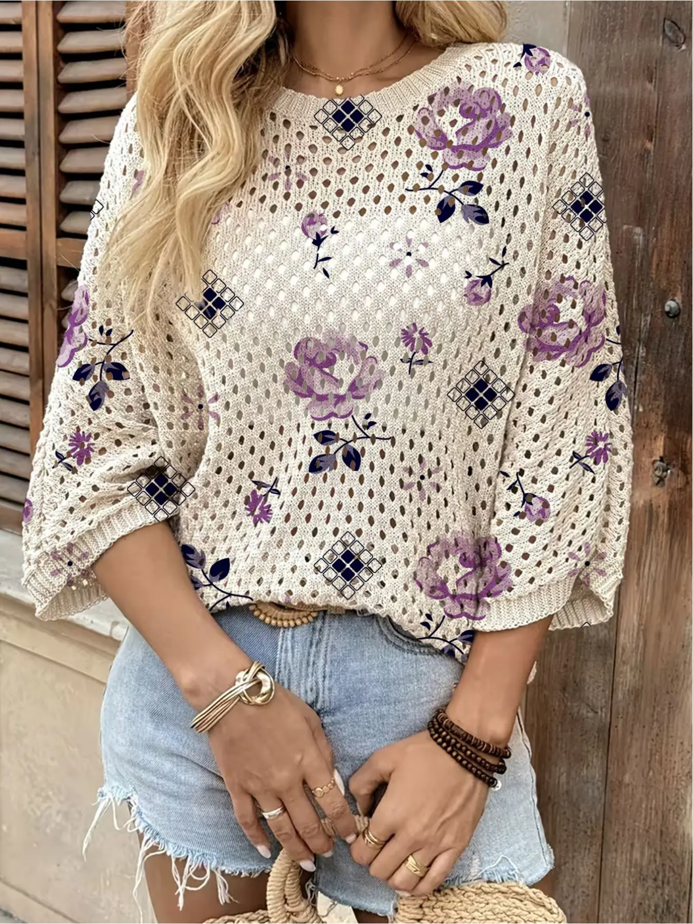 Spring & summer Bohemian Casual knit top, Womenswear, Knitted Casual Top, round neck, hollow-out batwing sleeves, loose fit. Purple floral & plaid patchwork print, lightweight. Great for daily, commute, vacation & beach bikini cover-up. Knitwear Lady