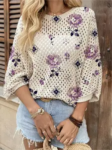 Spring & summer Bohemian Casual knit top, Womenswear, round neck, hollow-out batwing sleeves, loose fit. Purple floral & plaid patchwork print, lightweight. Great for daily, commute, vacation & beach bikini cover-up. Knitwear Lady