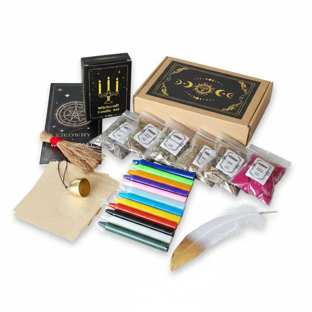 Witchcraft Ritual Kit with Box - 10 Color Candles, 6 Dried Herbs, Bell, Broom, Feather, Spell Bags, All-in-1 Altar Supplies Gift for Spells, Witchcraft Aesthetic Home Furnishings and Pendants
