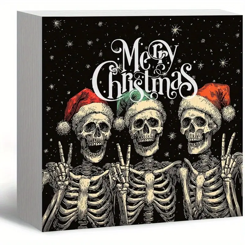 Gothic Christmas Decor, Funny Skeleton Santa Christmas Wooden Box Sign, FunnyChristmas Decorations, Santa Hat Wood Signs for Home Office Desk Shelf Table Decor, 5x5 Inch (Black)