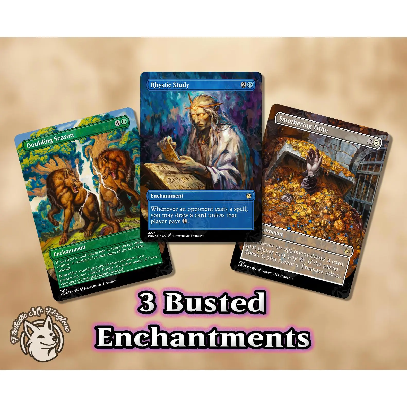 3+ Busted Enchantments | Proxy Cards — Rhystic Study, Smothering Tithe, Doubling Season +can add Procession, Remora, Breach, Necro & more!