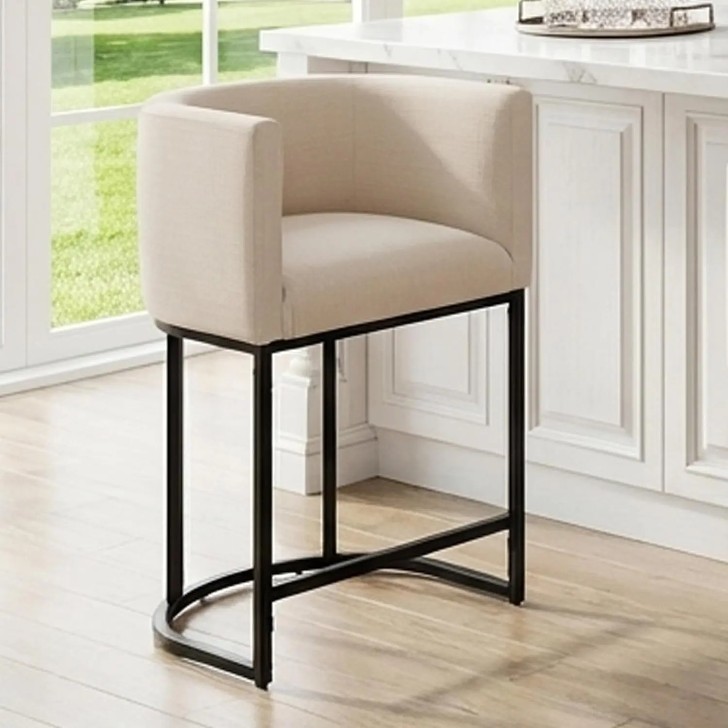 Modern Counter Height Linen Fabric Upholstered Counter Stool, 24 Inch Kitchen Island Stool with Black Tubular Frame, Cream