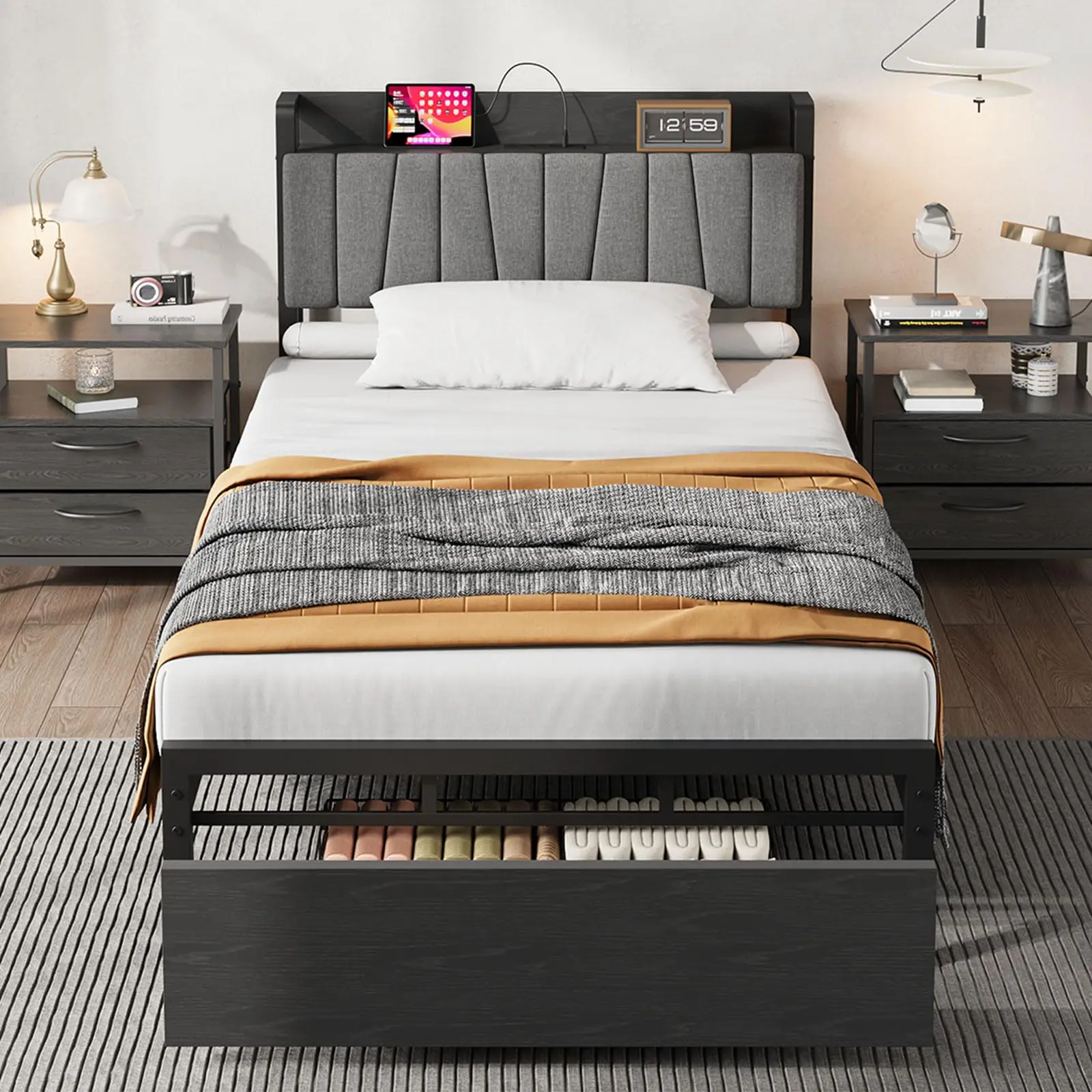 Bed Frame with Storage Headboard, Black Queen Platform Bed with 2 Large Drawers and Charging Station, No Box Spring Needed Bedframe,Black twin  xl  bed