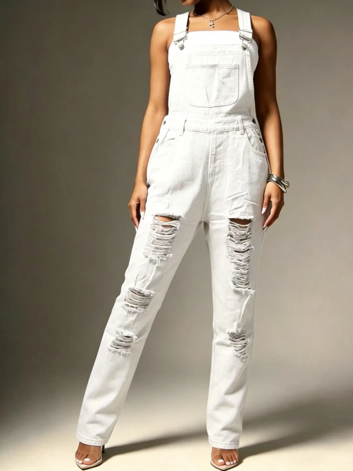 Women's Non-Stretch Denim Harem Overalls, Womenswear White Ripped Bib Pants with Adjustable Straps, Casual Loose Fit Full Length Jumpsuit, Vintage Street Style for Daily Wear, Travel, Casual Occasions, Spring Summer Fall Winter