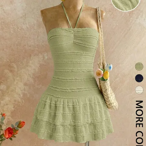 Women's Textured Smocked Halter Mini Dress, Ruched Bust, Multi-Layer Ruffled Tiered Hem, Stretchy Knit, Adjustable Tie Straps, Date Night & Vacation Wear, Sleeveless Ruffle Dress