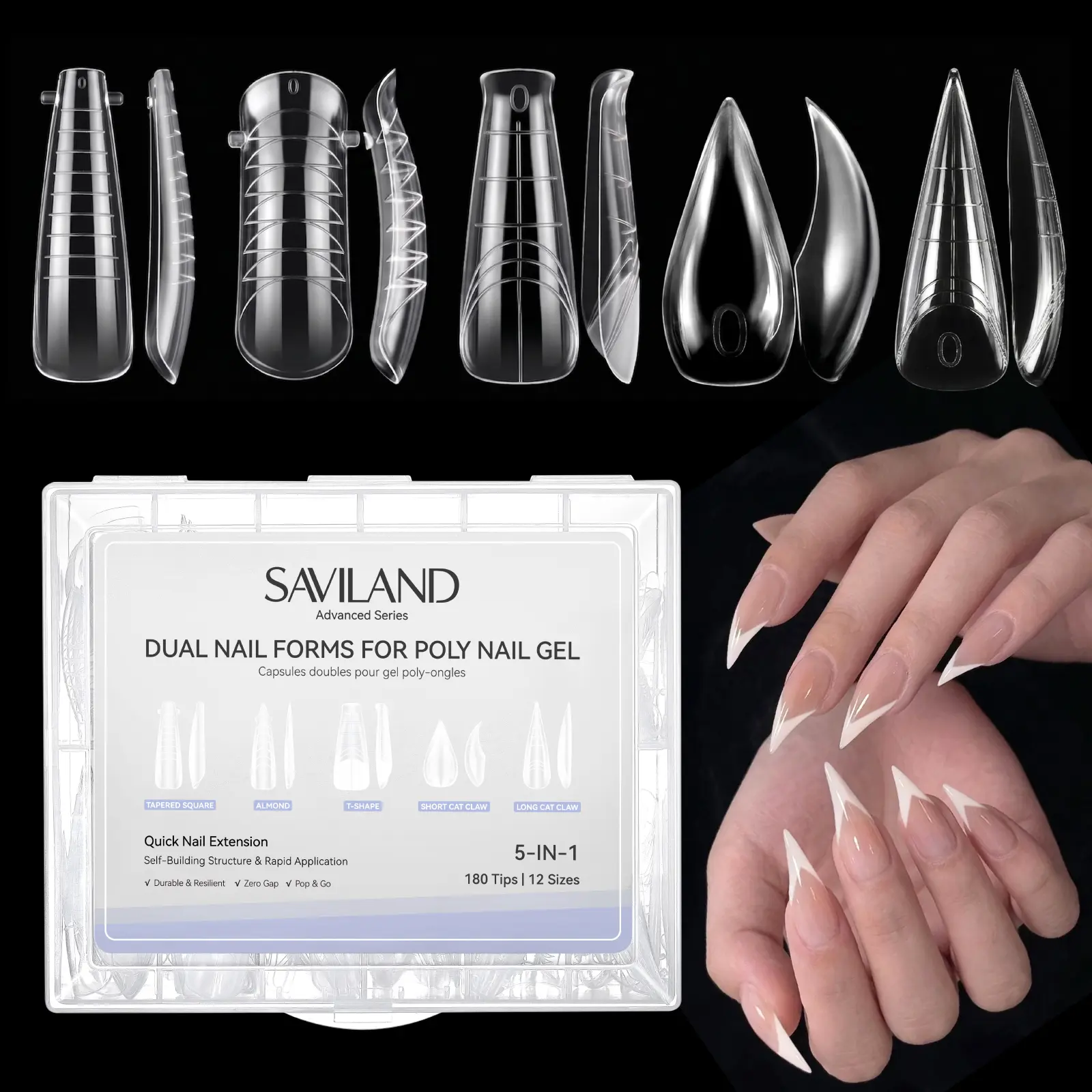 SAVILAND 180PCS Dual Nail Forms Kit, Reusable Easy Release Poly Gel Nail Molds, 5 Shapes 12 Sizes for Nail Extension, Beginner Friendly, Salon and Home DIY Use