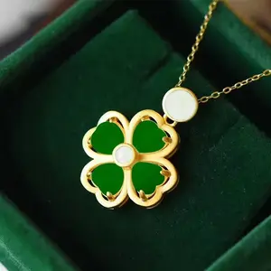 Natural Hetian Jade Clover Pendant Necklace