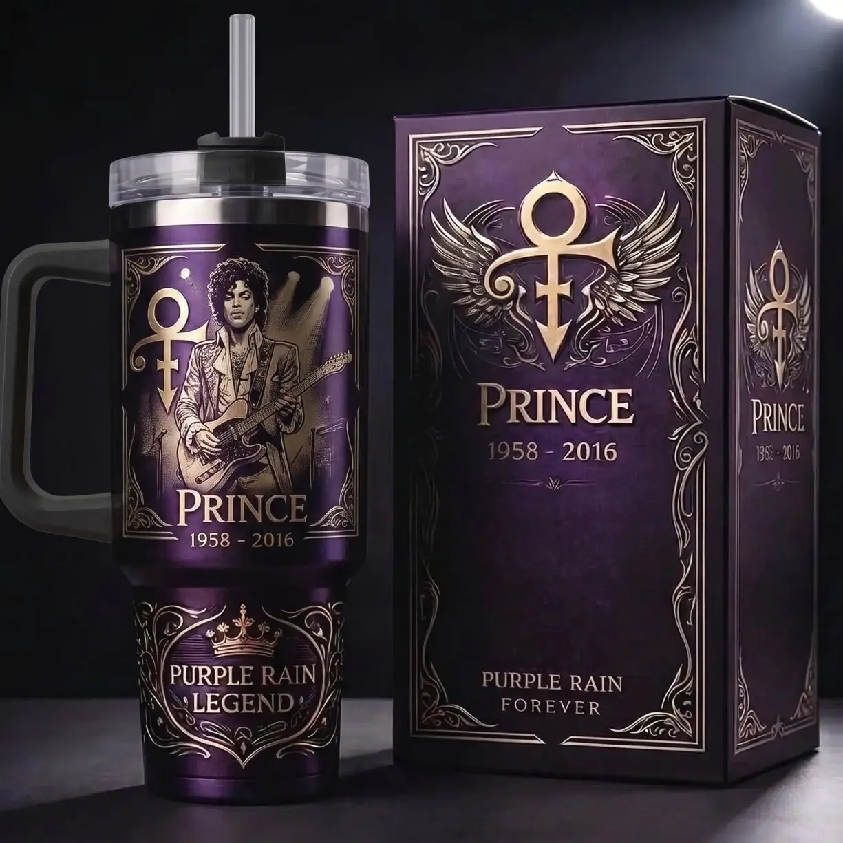 Prince 1958-2016 Tribute Tumbler, Limited Edition Purple Rain Legend Gold Engraved Travel Mug with Handle & Straw, Premium Vacuum Insulated Stainless Steel Cup, Iconic Musician Fan Collectible, Perfect Gift for Him or Her