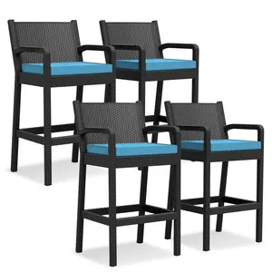 All-Weather Wicker Bar Stools, Set of 4 – 30" Patio Bar Height Chairs with Backrest, Cushions & Footrest – Outdoor Counter Chairs for Backyard, Pool, Garden, Balcony – Beige or Blue