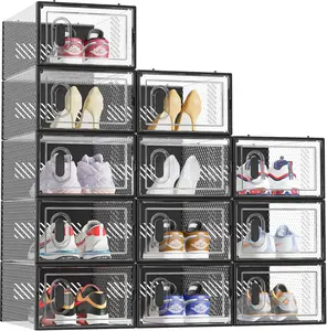 Modular Clear Plastic Stackable Shoe Storage Organizers Set of 6/12 Space-Saving Versatile Sneaker Rack Container for Wardrobes Black/White US Sizes Boxes