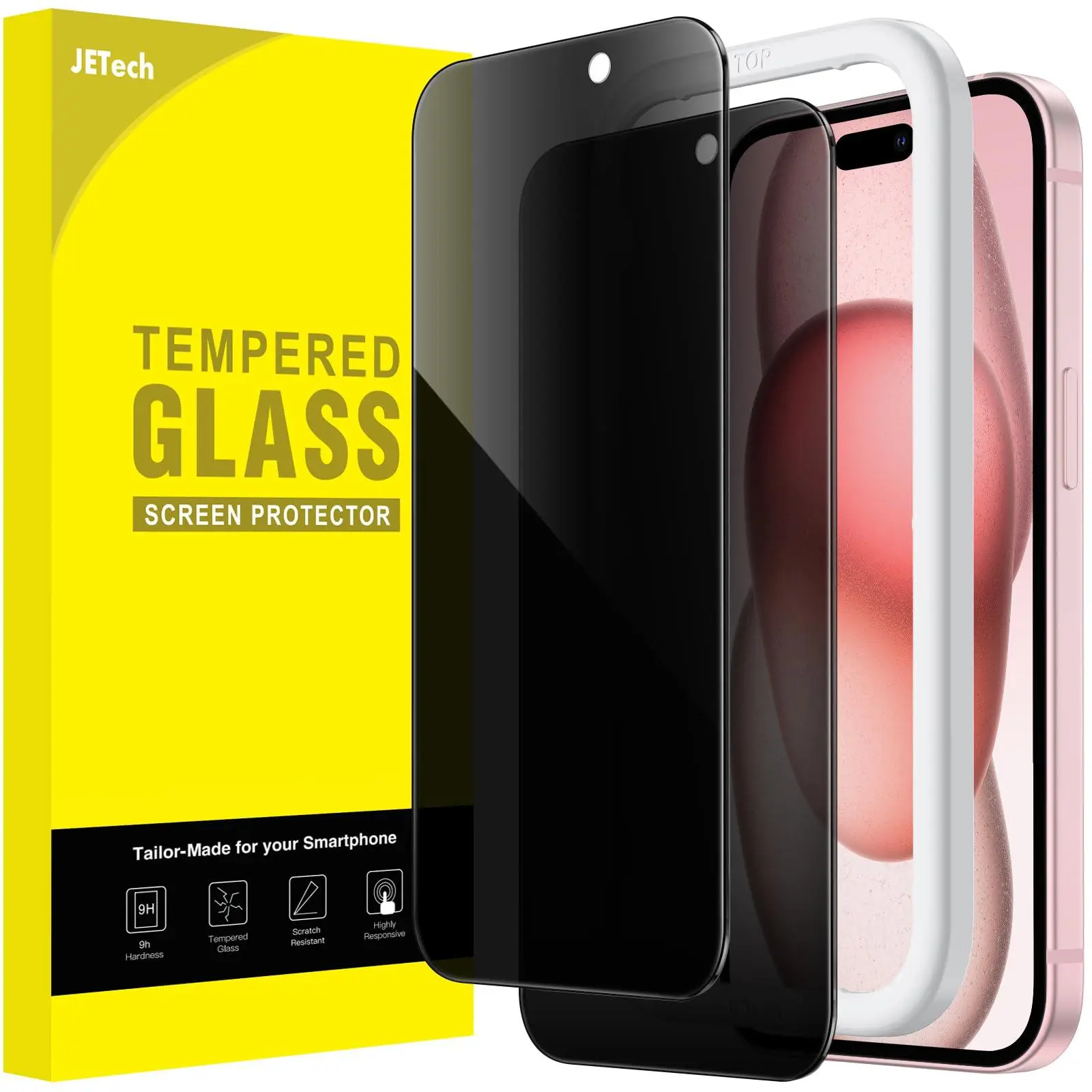 JETech Anti-Spy Privacy Shield Tempered Glass Screen Protector for iPhone 15 Series, 2-Pieces with 9H Hardness, Anti-Fingerprint, Easy Installation Tool for Device Protection