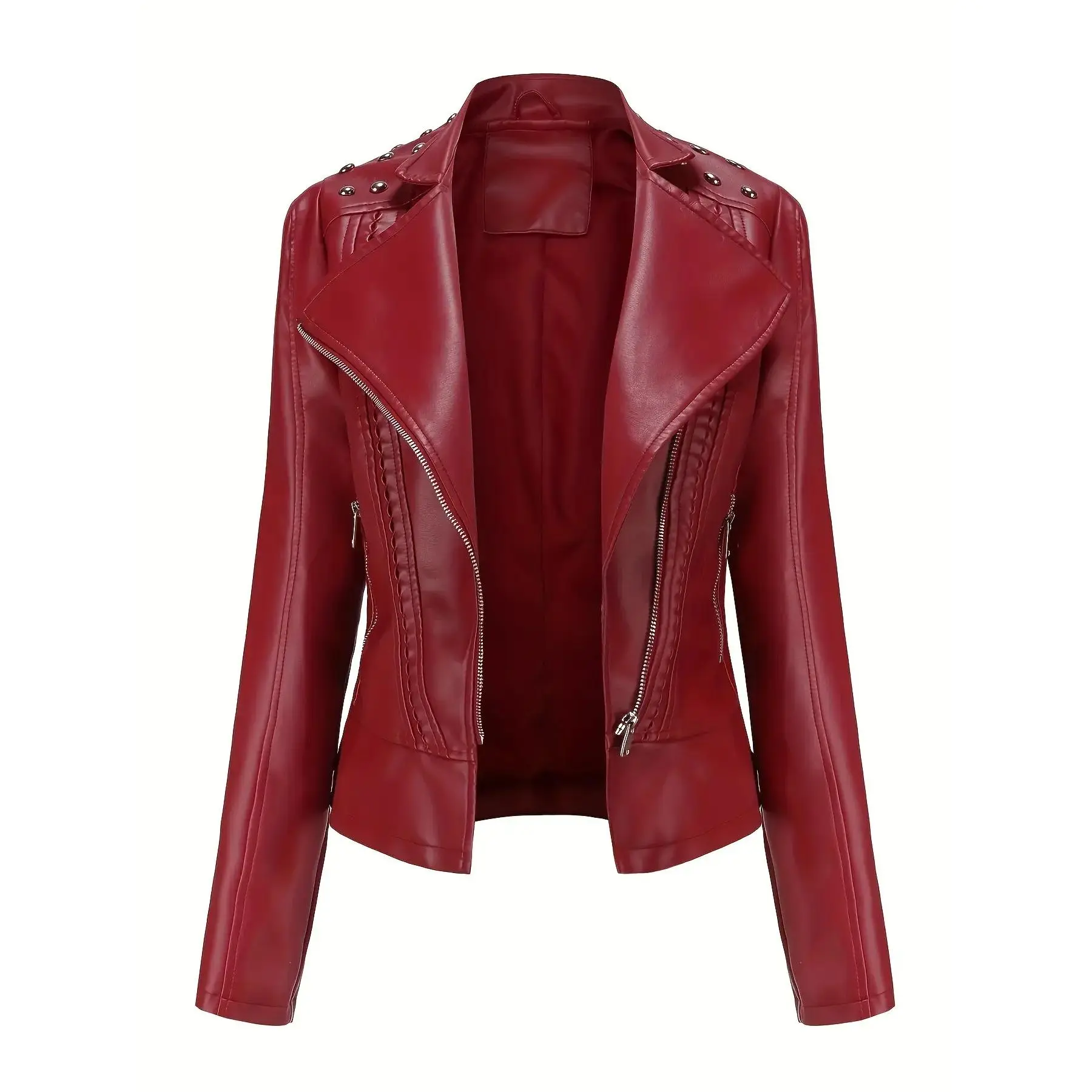 Women's Fitted Polyester Longsleeve Motorcycle Biker Jacket-Coats, Edgy Chic Lapel Collar, All-Season Outerwear, Sleek Texture Streetwear Riding Gear, Casual Plus Size Tops (Black, Red, Camel; S-2XL) campingessentials