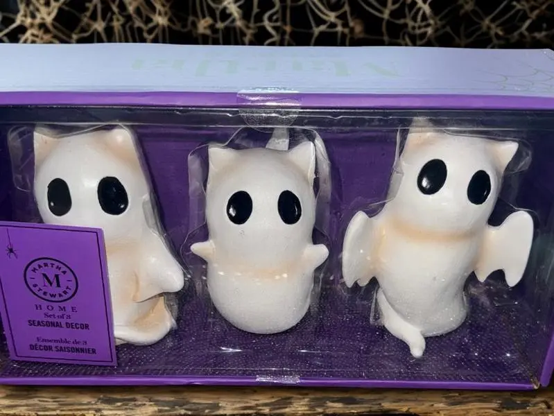 Martha Stewart Halloween Decor Cat Bat Ghosts Trio Figurines in Purple Box with Spider Detail Ceramic Spooky Charm Set