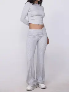 Two-piece Set Women's Solid Color Long Sleeve Coverage Crop Top & High Waist Flare Leg Pants, Casual Fashion Cozy Soft Modal Fabric Round Neck Top & Bell Bottom Trousers for Daily Outdoor Wear,  Ladies Clothes for All Seasons, Matching Sets for Women