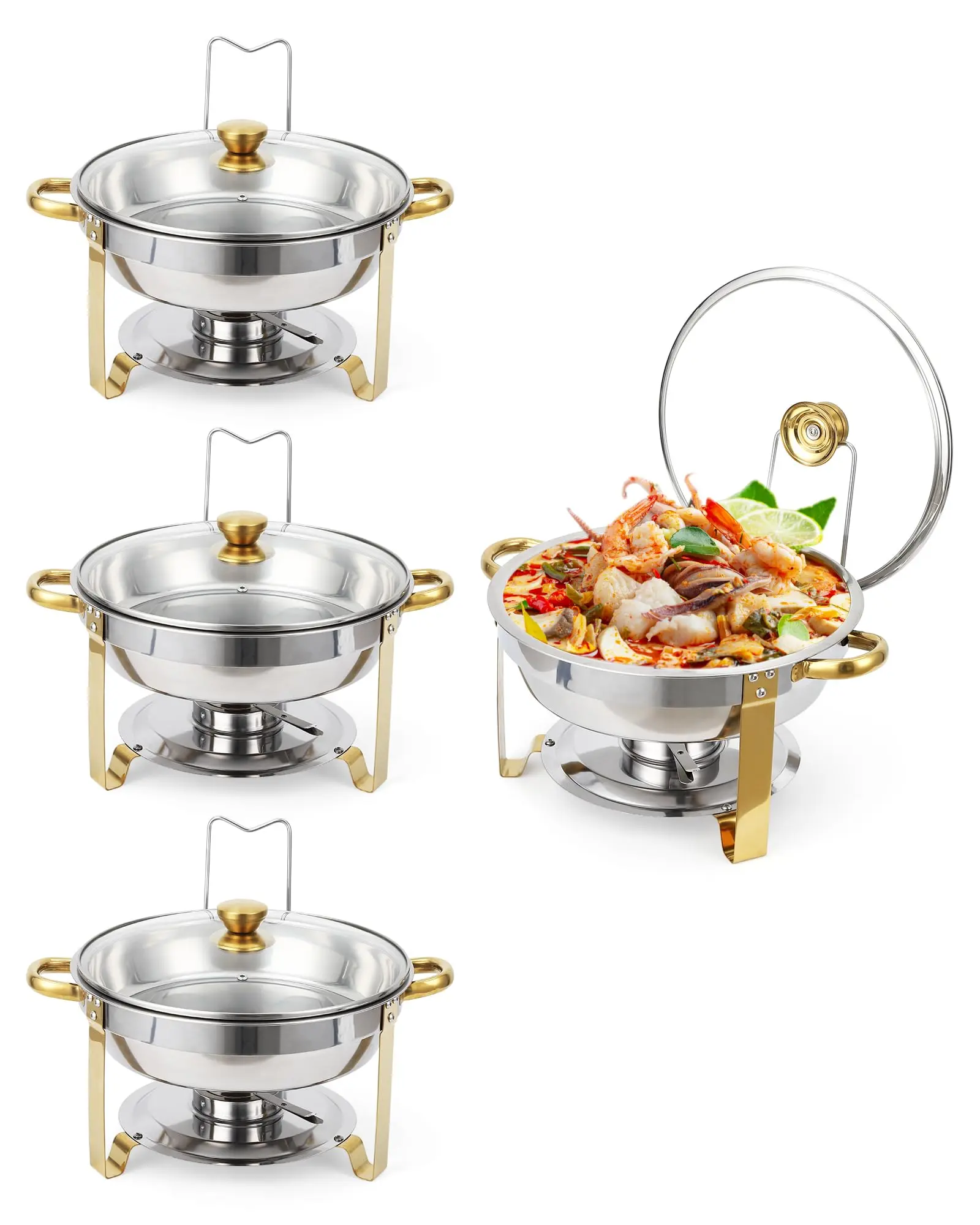 4-Pack 5QT Stainless Steel Round Chafing Dishes Buffet Set - Bakeware, Thermal Casserole Dish, Heat Retention, Visible Glass Lids, Lid Holders, Food & Water Pans, Gold Kitchen Accessories, Ideal for Party Catering, Dessert Serving, Server Accessories