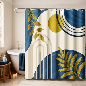 Dakimoe Shower Curtain Liner Mid Century Modern Navy Blue Boho Leaves Shower Heavy Duty Curtains Bathroom Decor Sets Waterproof with Hooks