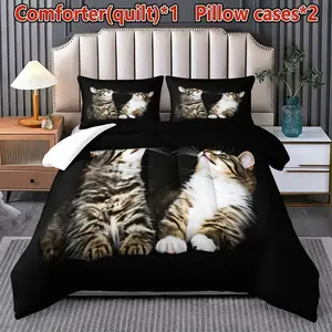Perfect Gift for Cat Lovers Tabby Cat Couple Comforter Set, Cute Kitten Print Bed Decor, Cotton Material, Ideal for Cat Enthusiasts