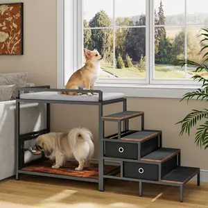 Pet Window Perch with 360° Adjustable Raised Feeder Bunk Bed Stairs Storage for Small Medium Cats Dogs Human Bed Attachment
