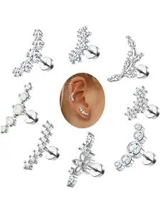 8Pcs 16G Cartilage Earring Stainless Steel Star Flower Opal CZ Helix Earrings Flat Back Cartilage Helix Conch Piercing Jewelry for Women