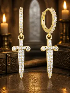 The Armored Kingdom Oathbound Dagger Hoop Earrings - Premium Durable Unisex Gold-Detailing Duo Graphic Statement Earrings with High Gold Polish, Micro Zircon Pave for Everyday Wear, Gold Detailing Earrings