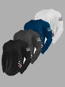 Men's Flag Print Round Neck Long Sleeve Tee, Athletic Sports Clothing, Regular Fit Casual Crew Neck T-shirt for Fall & Winter, Men's Top for Daily Wear