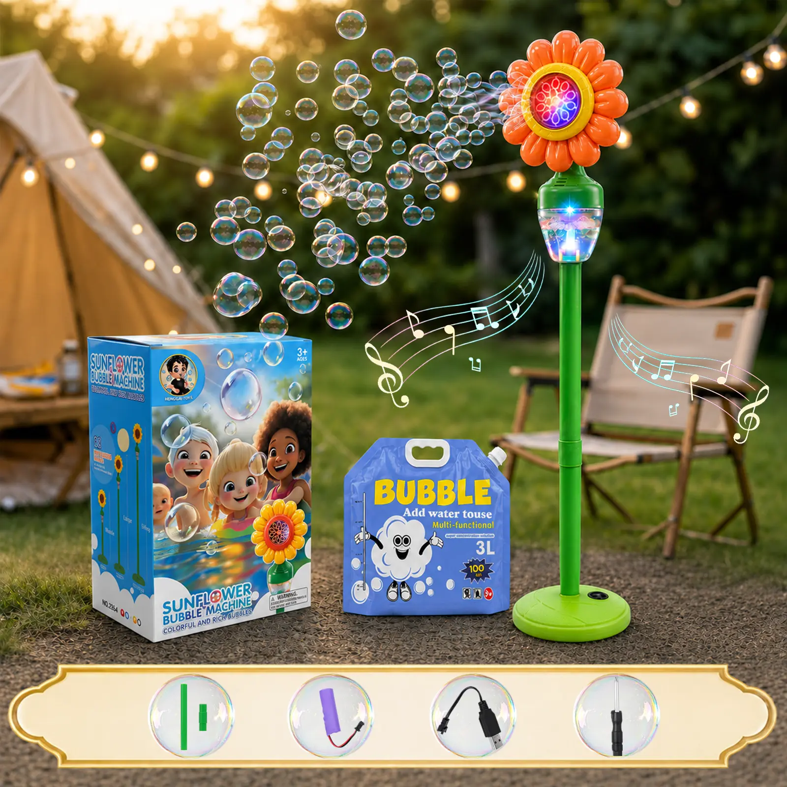 [Summer toys] Sunflower Bubble Machine for Kids, Automatic 90° Adjustable Head, Rechargeable Outdoor Toy with Light, Includes Big Bottle of Bubble Solution, Best Summer Easter Gift for Children