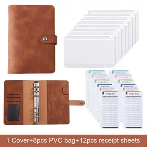 A6 PU Binder Cover Loose Leaf Magnetic Buckle Storage Receipt Book With 8pcs PVC bag+12pcs Receipt Sheets Gift Set