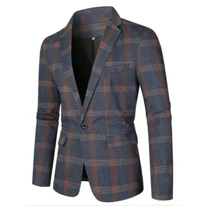 Men’s plaid print lapel blazer jacket with front button closure and pocket, long sleeves, fitted business formal wear, autumn and winter casual style, business casual suit