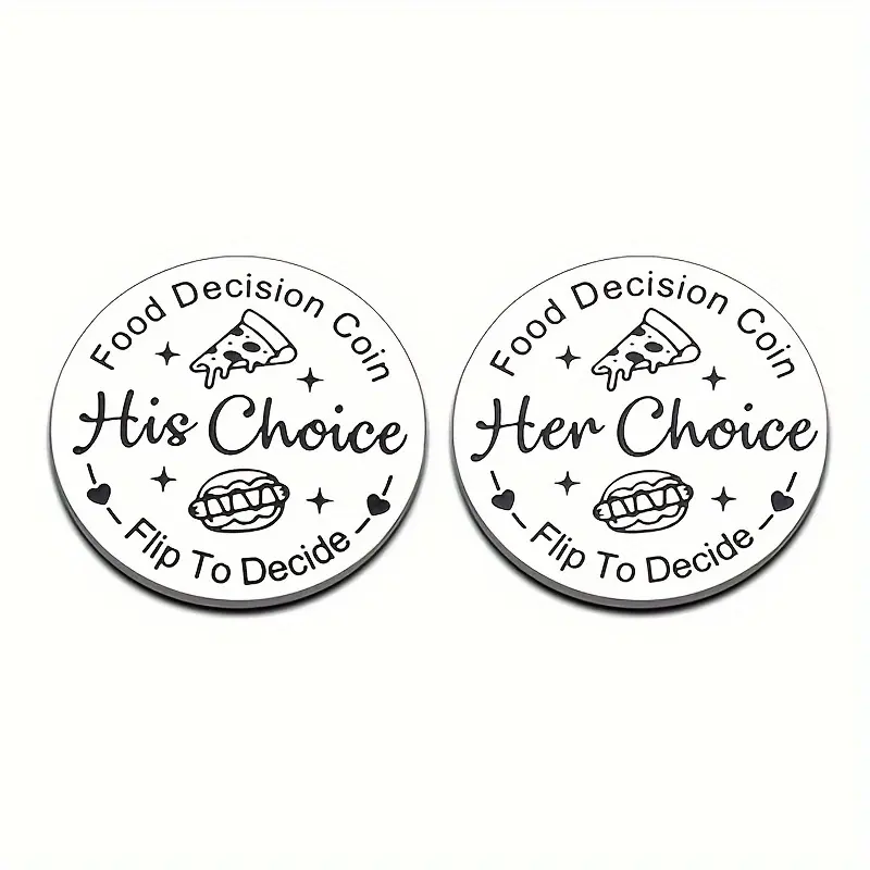 Stainless Steel Couple's Food Decision Coin Keychain, Silver Color Anniversary Gift, Perfect for Weddings & Dates, Unique Jewelry Accessory His Choice, Her Choice, Authentic Keychain