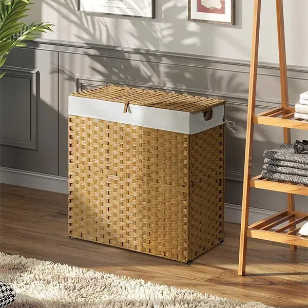 High-Capacity 90L Synthetic Rattan Rectangle Laundry Hamper - pp, Floor Use, 1-3 Compartment Divided, 2 Removable Liners, Foldable with Lid & Handles, Handwoven White Basket (18.5x13.3x24.0in), With Handle Laundry Baskets, 1 To 3