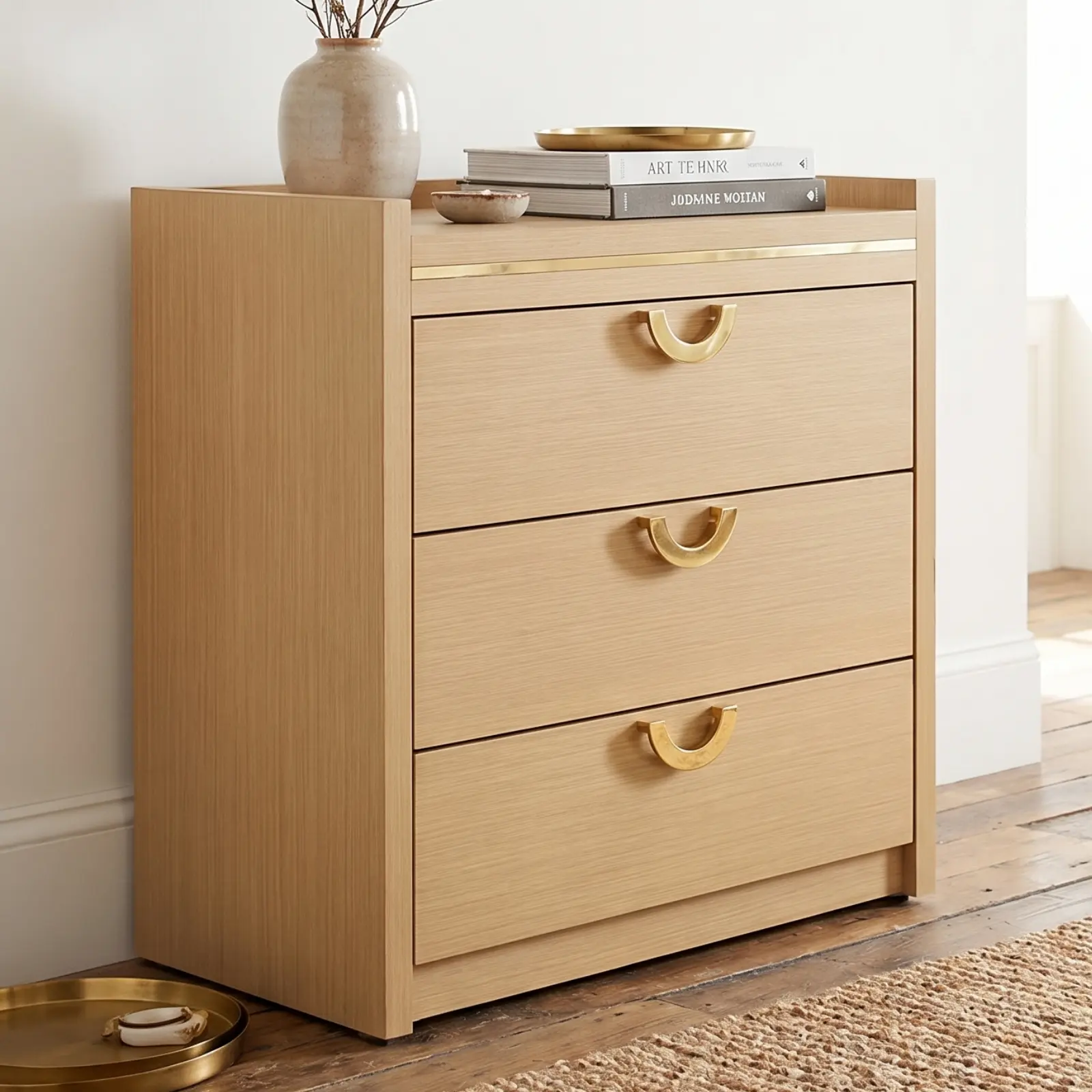 Loomie 30.6 in Rectangular Modern Nightstand with 3 Drawers, U-Shaped Gold Handles, Large Indoor End Table for Bedroom, Living Room, Natural Oak