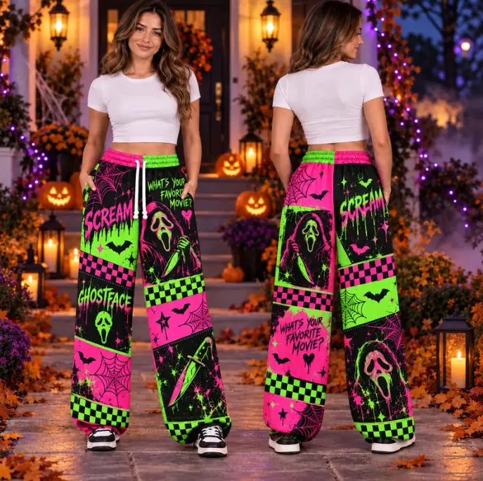 Halloween Scream Ghostface Jogger Pants, Neon Pink & Green Horror Sweatpants, Ghostface Inspired Joggers Pants, Spooky Halloween Lounge Pants, Unisex Graphic Joggers, Horror Movie Gift