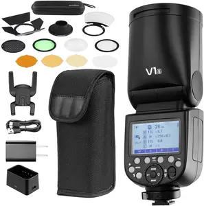 Godox V1 Camera Flash, 76Ws 2.4G TTL Round Head Flash, 1/8000 HSS, 480 Full Power Shots, 1.5s Recycle Time, 2600mAh Lithium Battery, 10 Level LED Modeling Lamp, With AK-R1 Kit