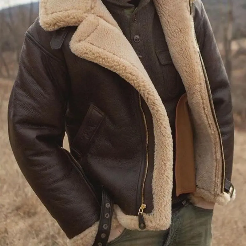 Men's Vintage Faux Leather Bomber Jacket - Sherpa Lined, Heavyweight, Soft Breathable, Casual Longsleeves Tops with Fur Accent, Wind-Resistant Menswear Outerwear, Brown
