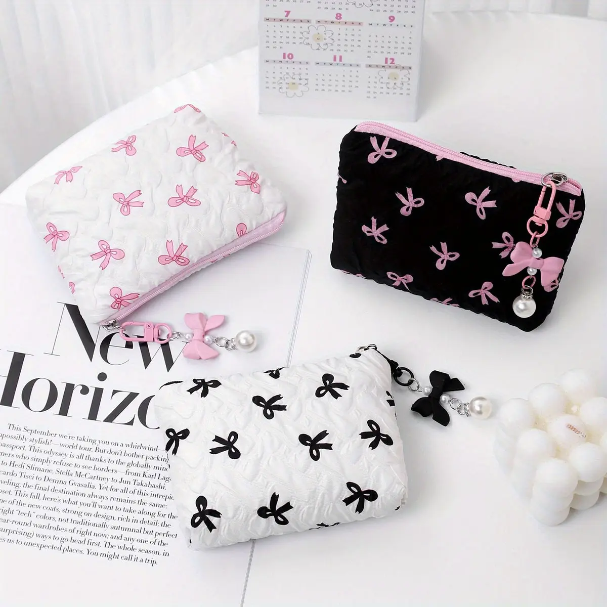Embroidered bow makeup bag, high appearance level, coin purse storage bag, cute, large capacity, high-end makeup bag