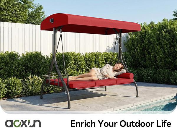 Aoxun 3-Seat Outdoor Swing Chair for Adults - Stable Steel Frame, Canopy, Cup Holder, 2-in-1 Convertible Porch Bed, Thick Cushions, 800lbs Load Glider Patio Swings (Gray, Blue), Porch Bed Swing