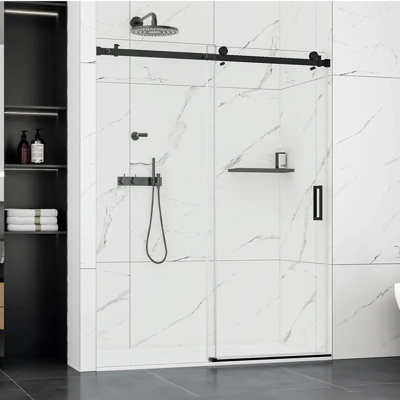 Frameless Matte Adjustable Trackless Sliding Glass Bathroom Door, 56-60" W × 76" H 5/16" (8mm) Easy-Clean Tempered Glass, Stainless Steel Handle, Waterproof Sealant, Bottom Guide Rail, Water Retaining Strips, Leak-Preventing Design, Prevents Leaks