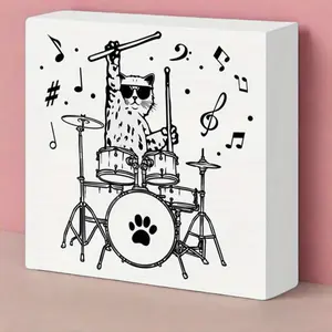 Drummer Gifts for Men Women Boy Girl, Birthday Christmas Drumming Gifts for Drummer Kids Teen Boy Girl Drum Player, Cat Playing Drums, Drum Room Man Cave Music Room Studio Wooden Box Sign 5x5 inch