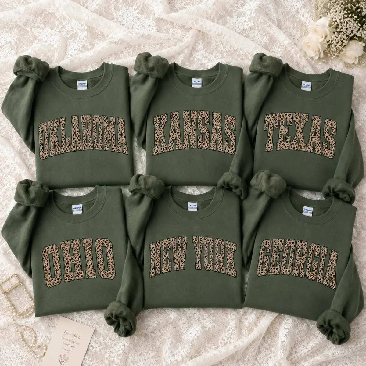 Custom State Name Leopard Print Crewneck, Personalized Oklahoma Kansas Texas Ohio New York Georgia Sweatshirt, Vintage College Letter Sweatshirt, Matching Family Pullover, Unisex Gift for Mom - Prin