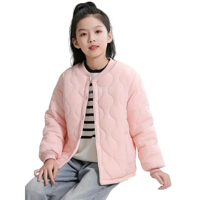 Girls' 13-14y Polyester Quilted Lightweight Winter Jacket, Plain Soft Plush V-Neck, Long Sleeve, Pockets, Beige Casual Teen Outerwear, Cozy Layering Piece, Quilted Lightweight Jacket