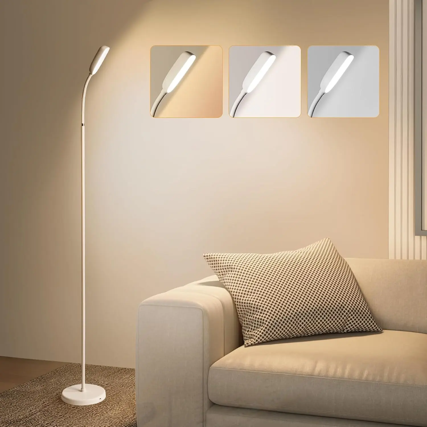 Cordless Portable Floor Lamp Adjustable Gooseneck with Touch Switch 3 Color Modes Lightweight Rechargeable for Living Room Bedroom Office Reading Camping RV Piano Indoor Outdoor White