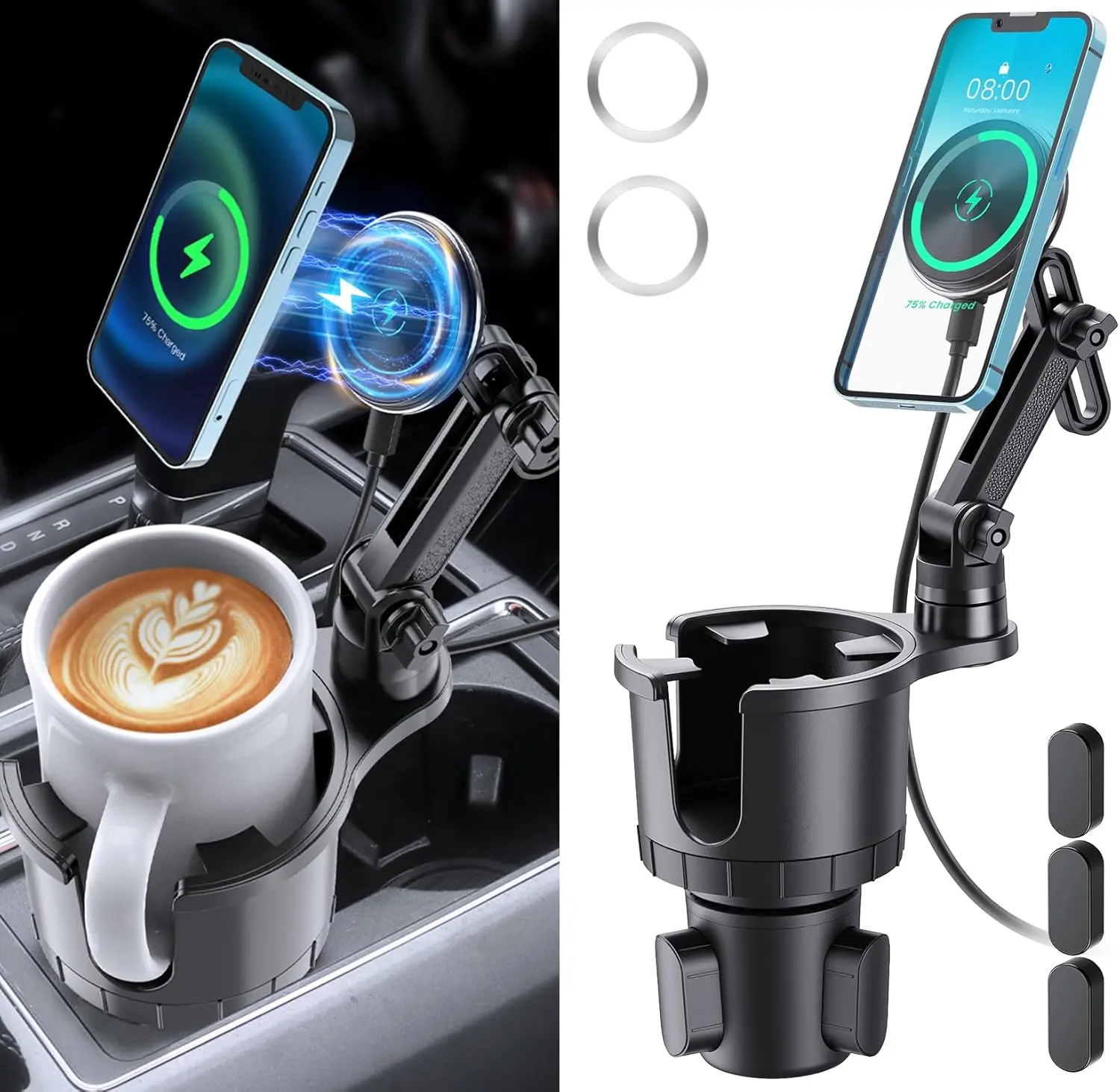 [SummerFinds]Magnetic Wireless Cup Phone Holder for Magsafe Car Mount Charger 15W Fast Charging Cell Phone Stand with Expandable Base for iPhone 16 15 14 13 12 Series