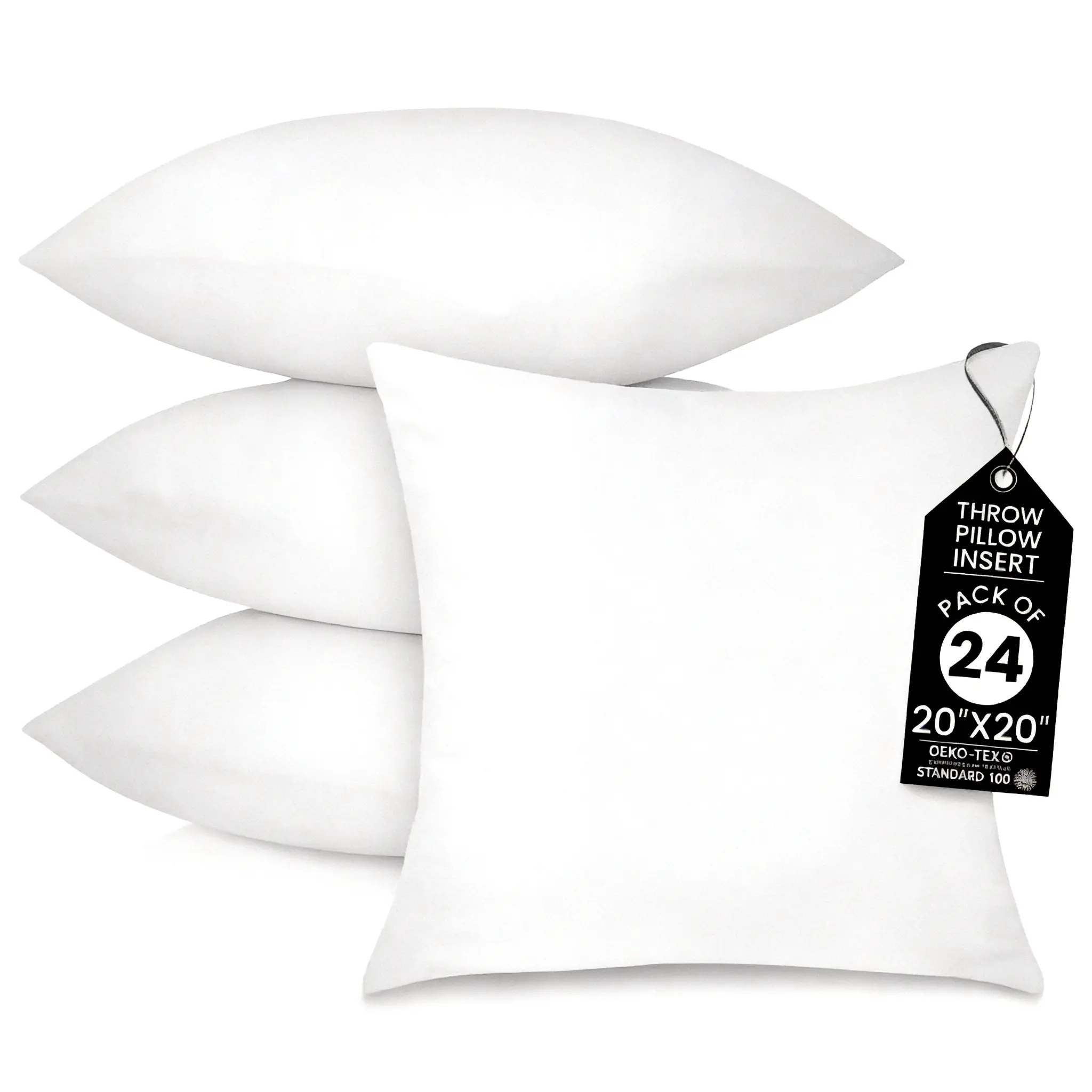 4-Pack White Throw Pillows with 20-in Pillow Inserts - 100% Polyester Ultra-Fine Fiber Fabric, Breathable Low-Allergy Soft Lightweight Squares, Machine Washable Home Decorative Cushions for Sofa Cushion Decorations, Room Accessories