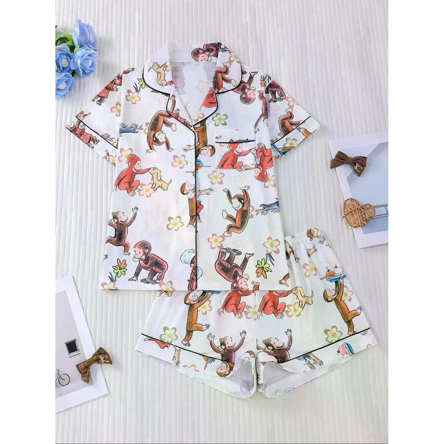 Women's Monkey Print Pajama Set: Short Sleeve Collared Button-Up Top & Elastic Waist Shorts, All-Season Comfort Sleepwear Loungewear